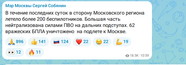 Собянин: За сутки отражена атака более 200 беспилотников на Московский регион