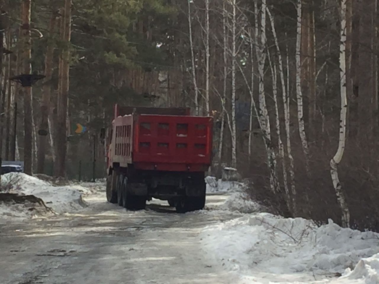В Челябинске грузовик без номеров сваливает грязный снег в городском бору